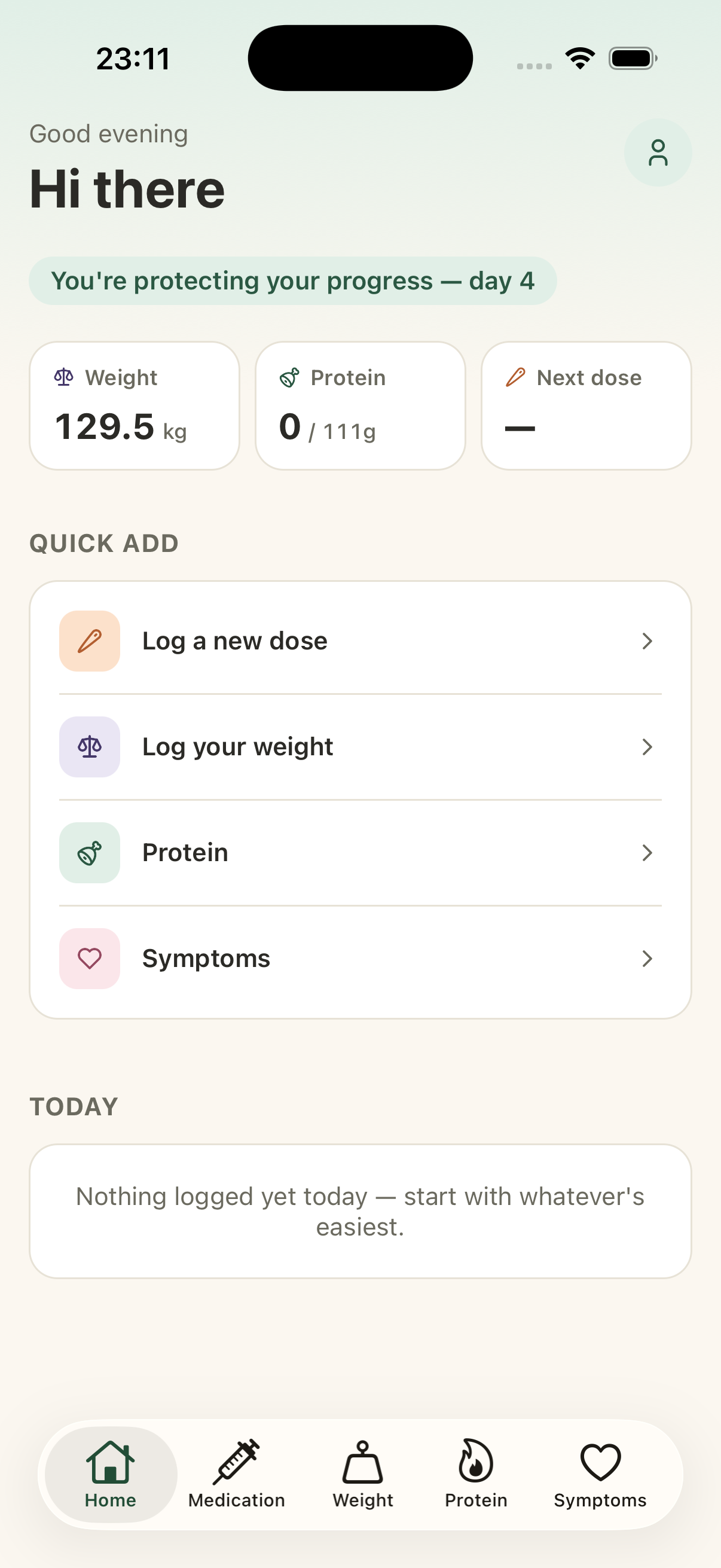 Protia app — home screen with dose, protein and symptom timeline